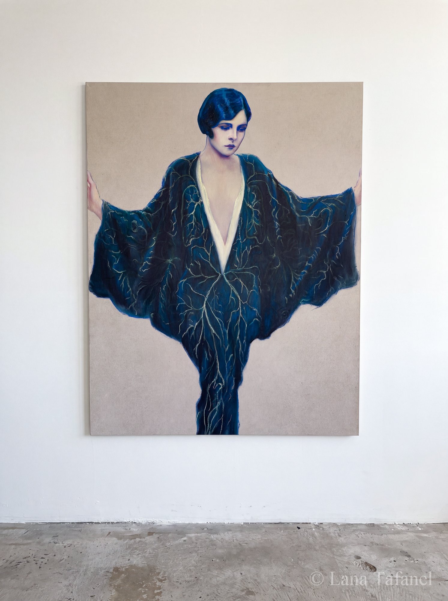Painting of a woman with short dark blue hair, dressed in a dark blue garment with a flame-like pattern, standing against a plain background.