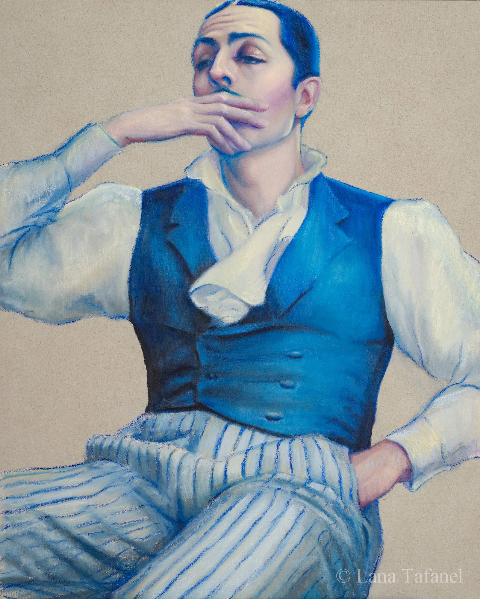 Portrait of a man with short blue hair, wearing a white shirt and blue vest, resting his hand over his mouth in a contemplative pose. Oil painting