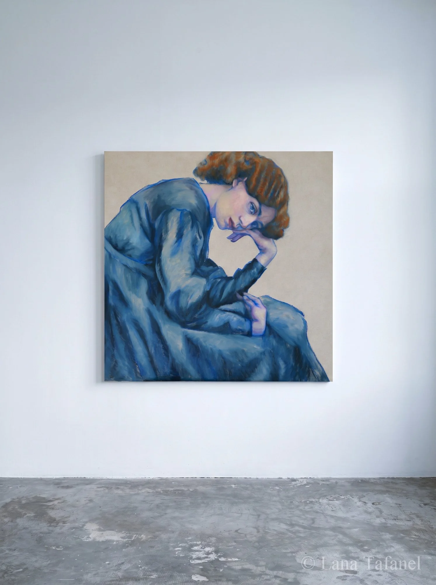 Painting of a woman Jane Morris on the gallery wall. She has red hair and blue dress resting her head on her arm.