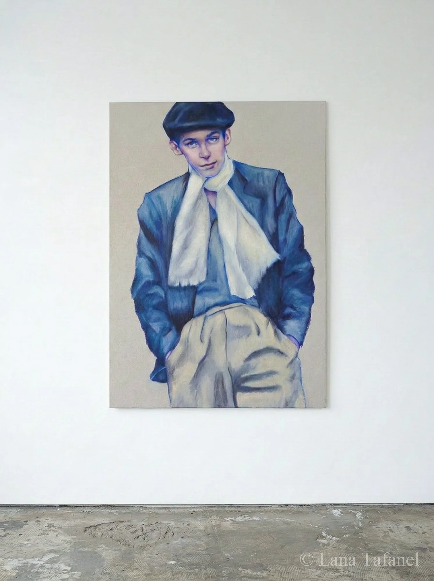 Painting of a young man dressed in vintage style, standing with hands in pockets, wearing a blue cap, blue jacket, cream-colored scarf, and beige trousers, displayed on a white gallery wall. Glenn Gould