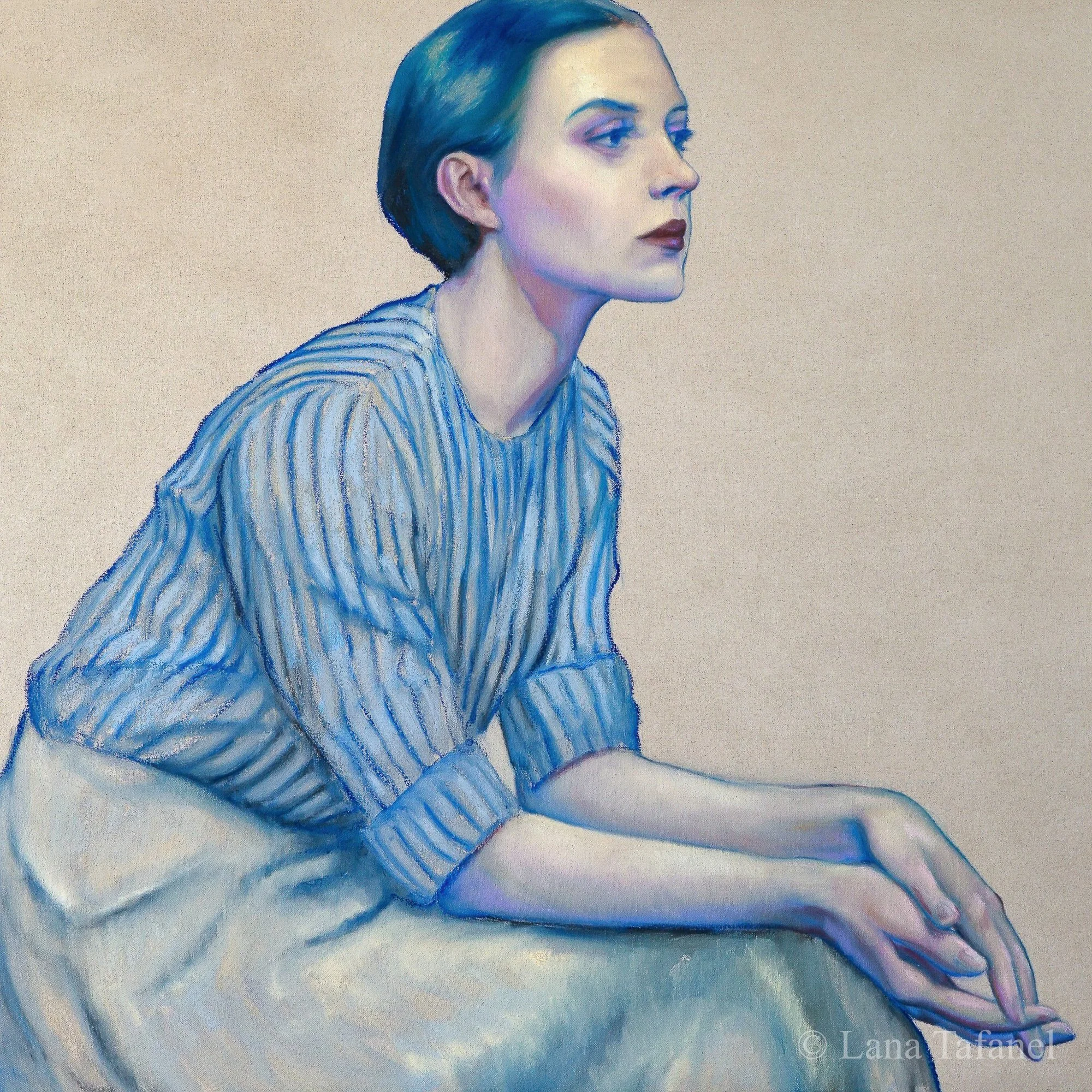 An oil painting of a woman with short blue hair, wearing a striped shirt, looking to the right, against a beige background. contemporary oil painting.