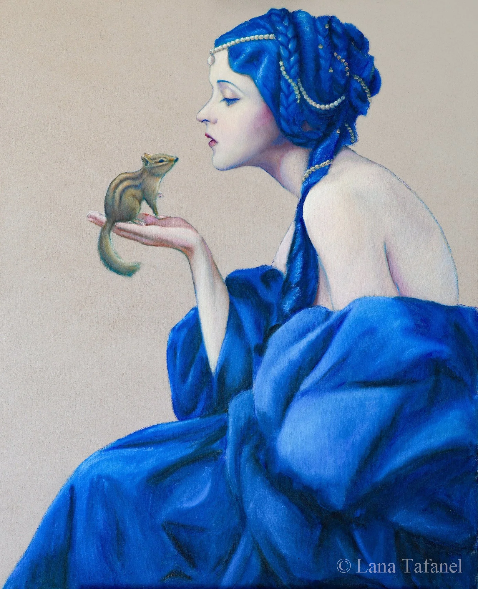 A portrait of a woman with blue hair styled in an updo with braids, wearing pearl jewelry, holding a small chipmunk in her hand, with a neutral background and a signature by Lana Tafanel.