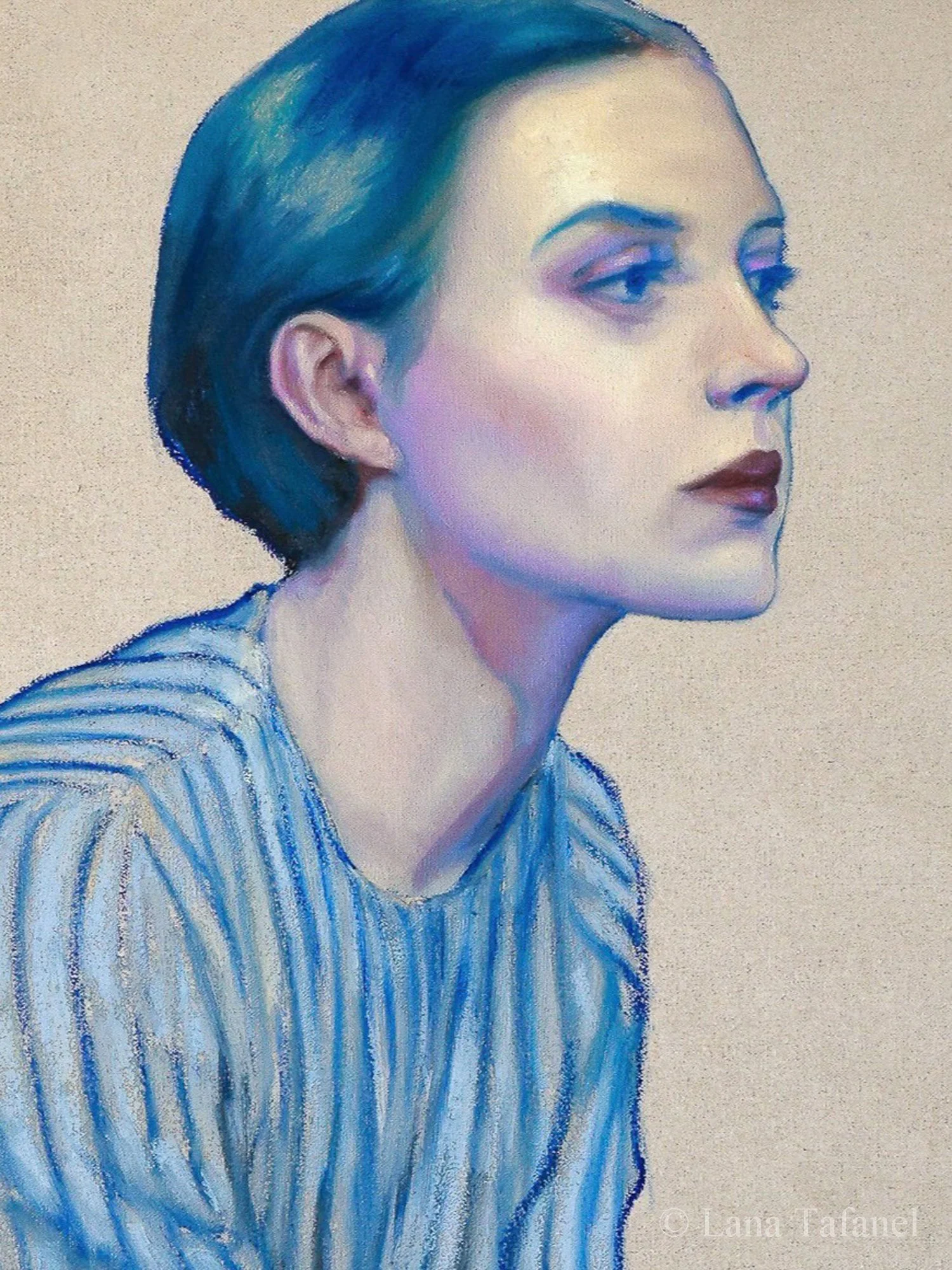Portrait of a woman with blue hair, wearing a blue striped shirt, looking to the right.