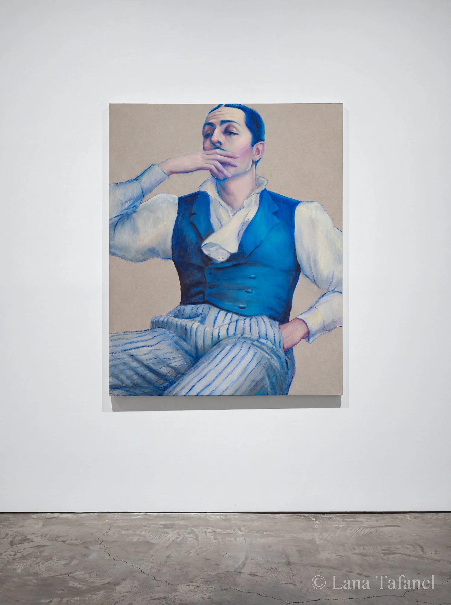 Portrait of a man with short blue hair, wearing a white shirt and blue vest, resting his hand over his mouth in a contemplative pose. Oil painting on gallery wall