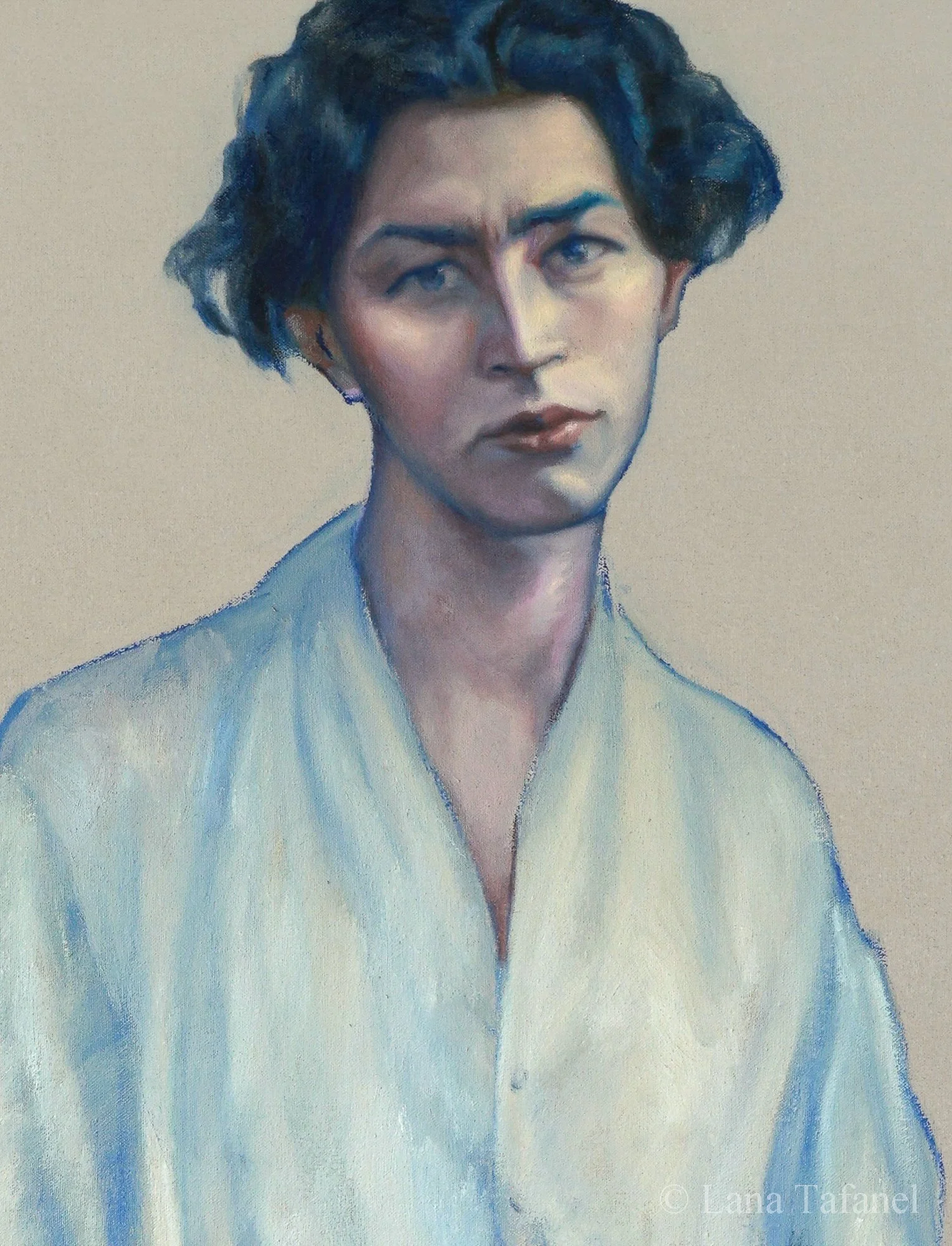 A painting of a man with short curly dark blue hair, wearing a white shirt with bell sleeves and black pants, standing against a neutral background.
