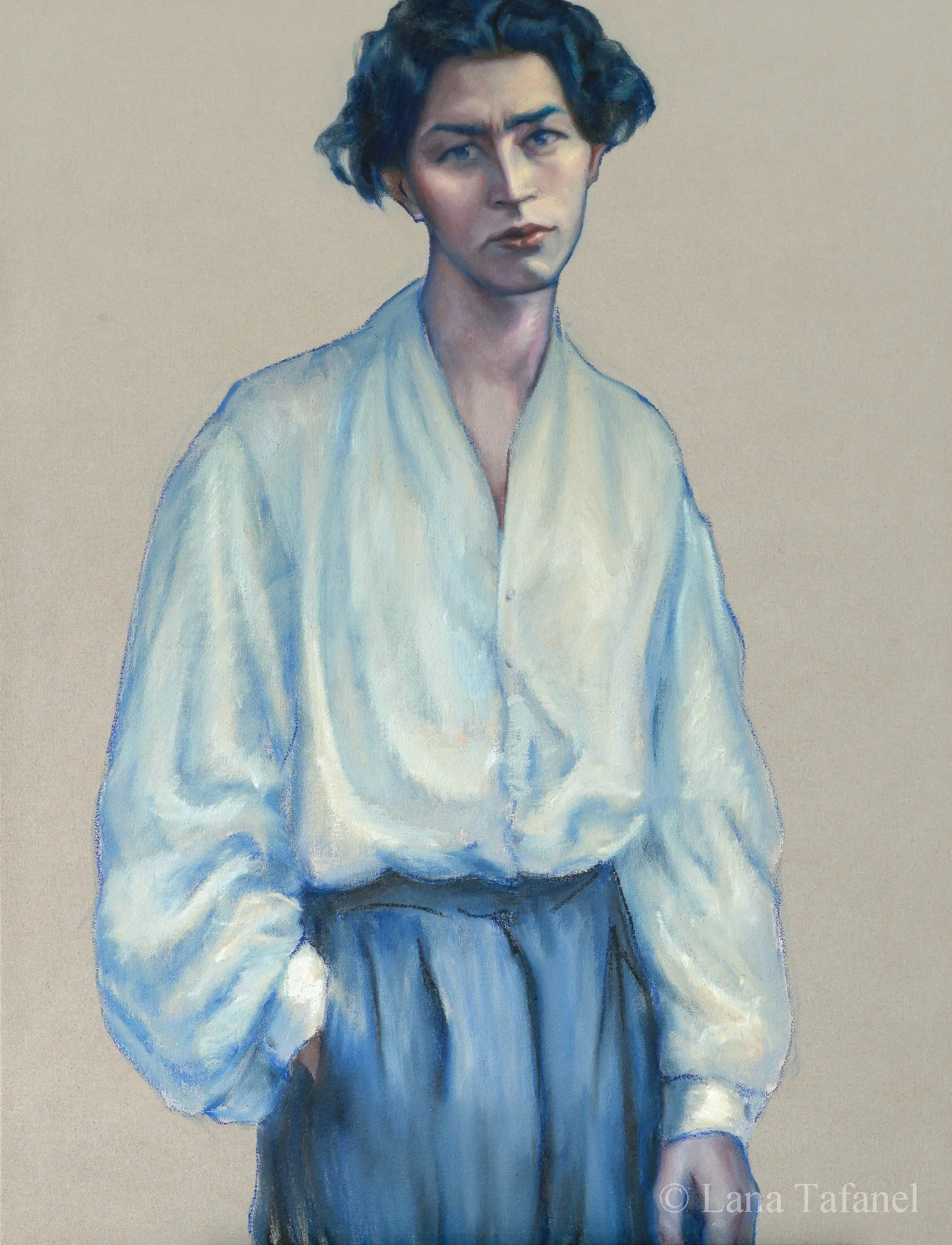 A painting of a man with short curly dark blue hair, wearing a white shirt with bell sleeves and black pants, standing against a neutral background.