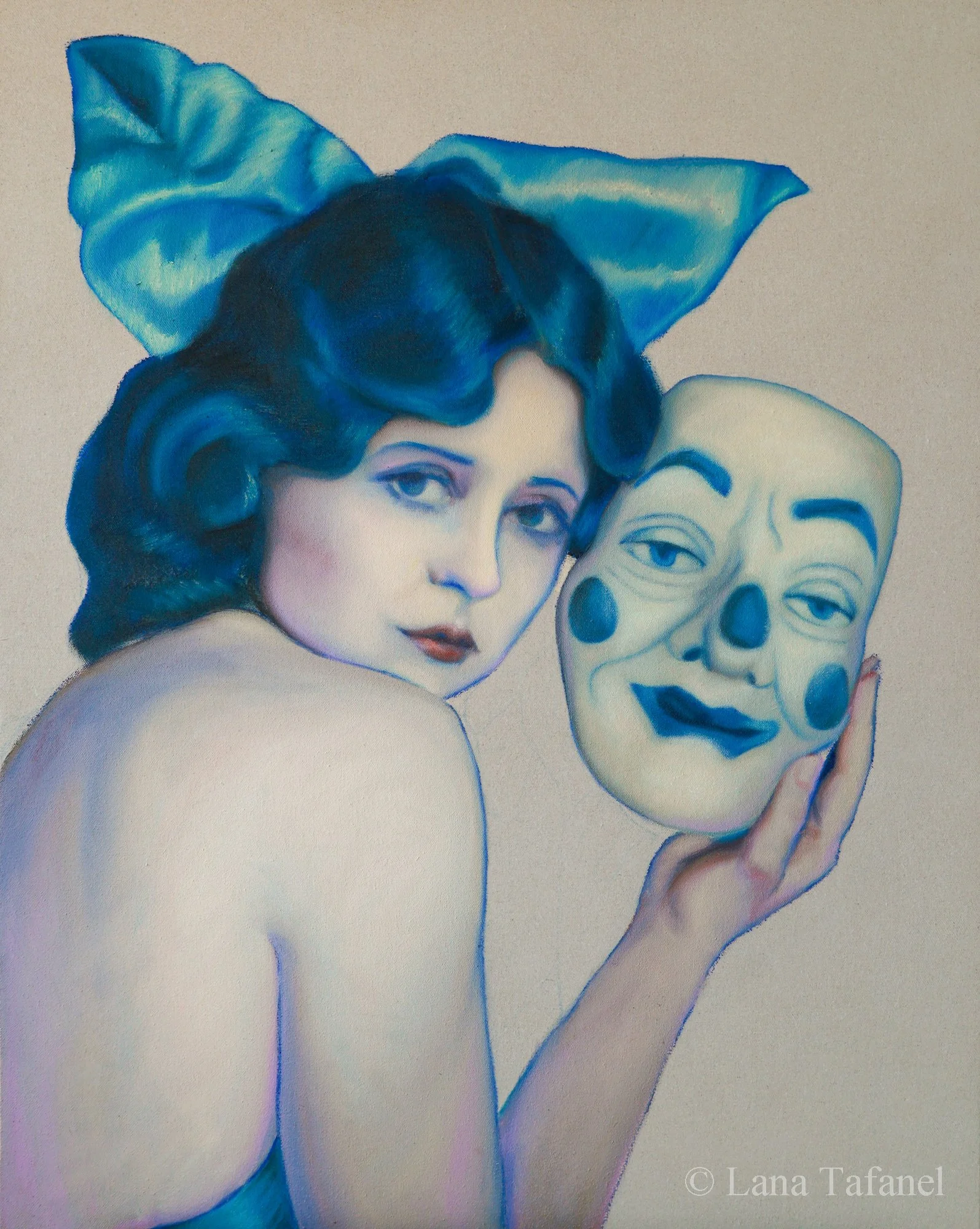 An oil painting of a woman with dark hair, holding a mask and wearing a blue ribbon in her hair. The painting features pastel shades and soft brushstrokes, with the artist's name, Lana Tafanel, visible in the bottom right corner.