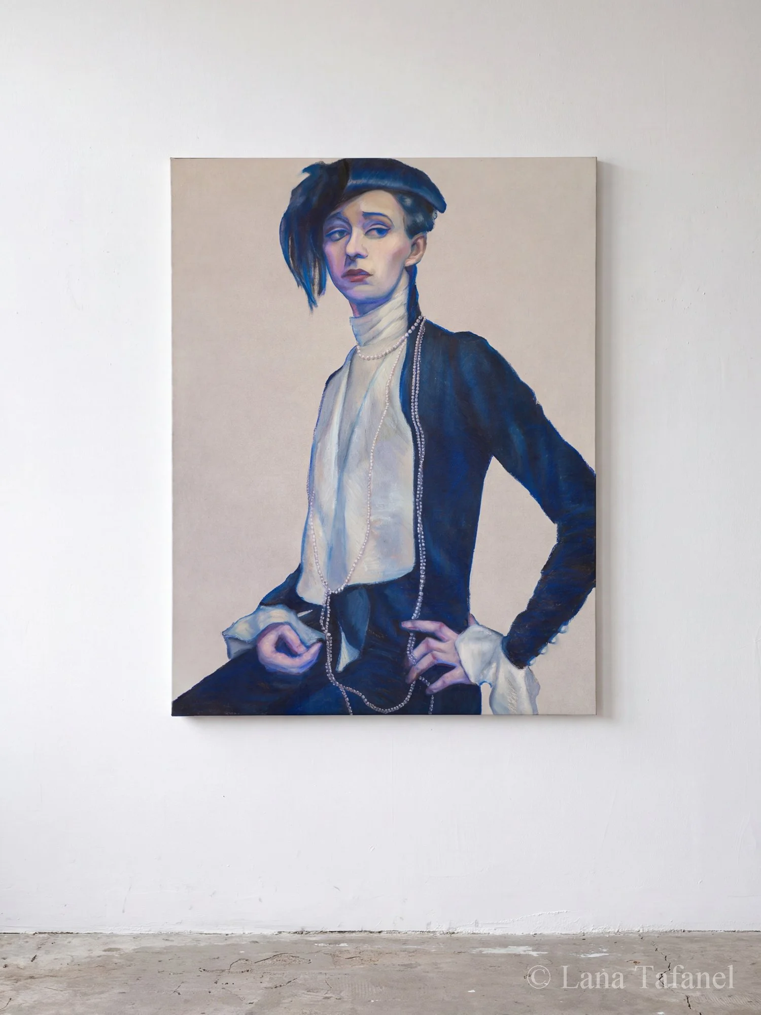 A portrait painting of a man with short, dark blue hair, wearing a white turtleneck and a black jacket.  has pearl necklaces and is posing .The painting features cool tones, and the man has a confident and intense expression. Gallery wall