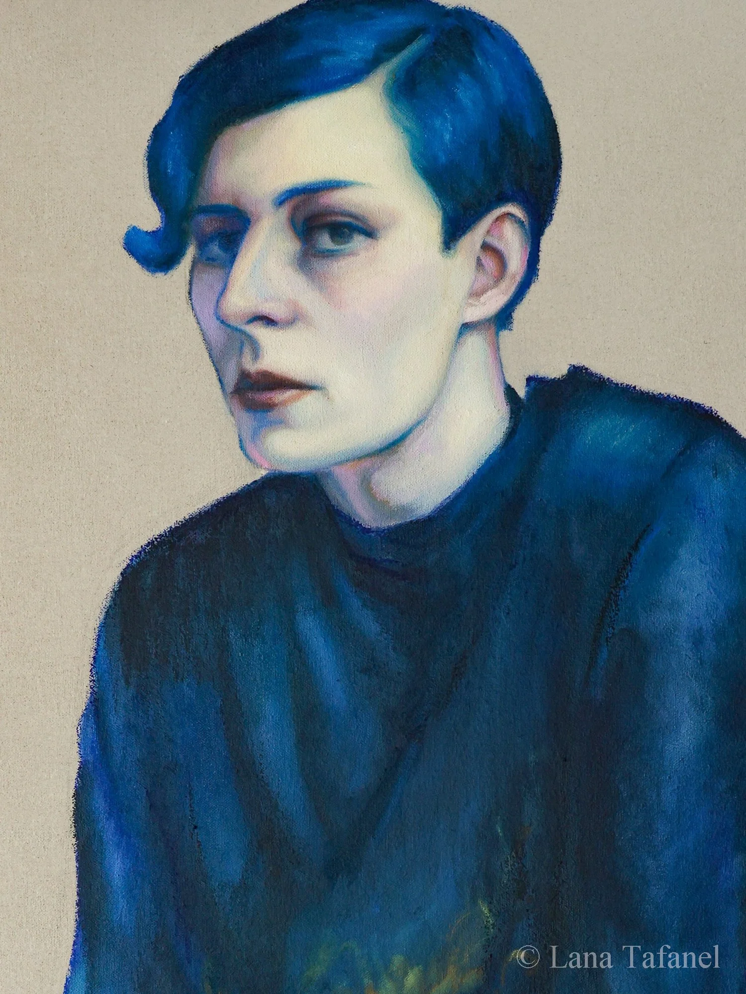Painted portrait of a young woman with short dark hair, wearing a dark top, looking to the side with a serious expression against a light background.