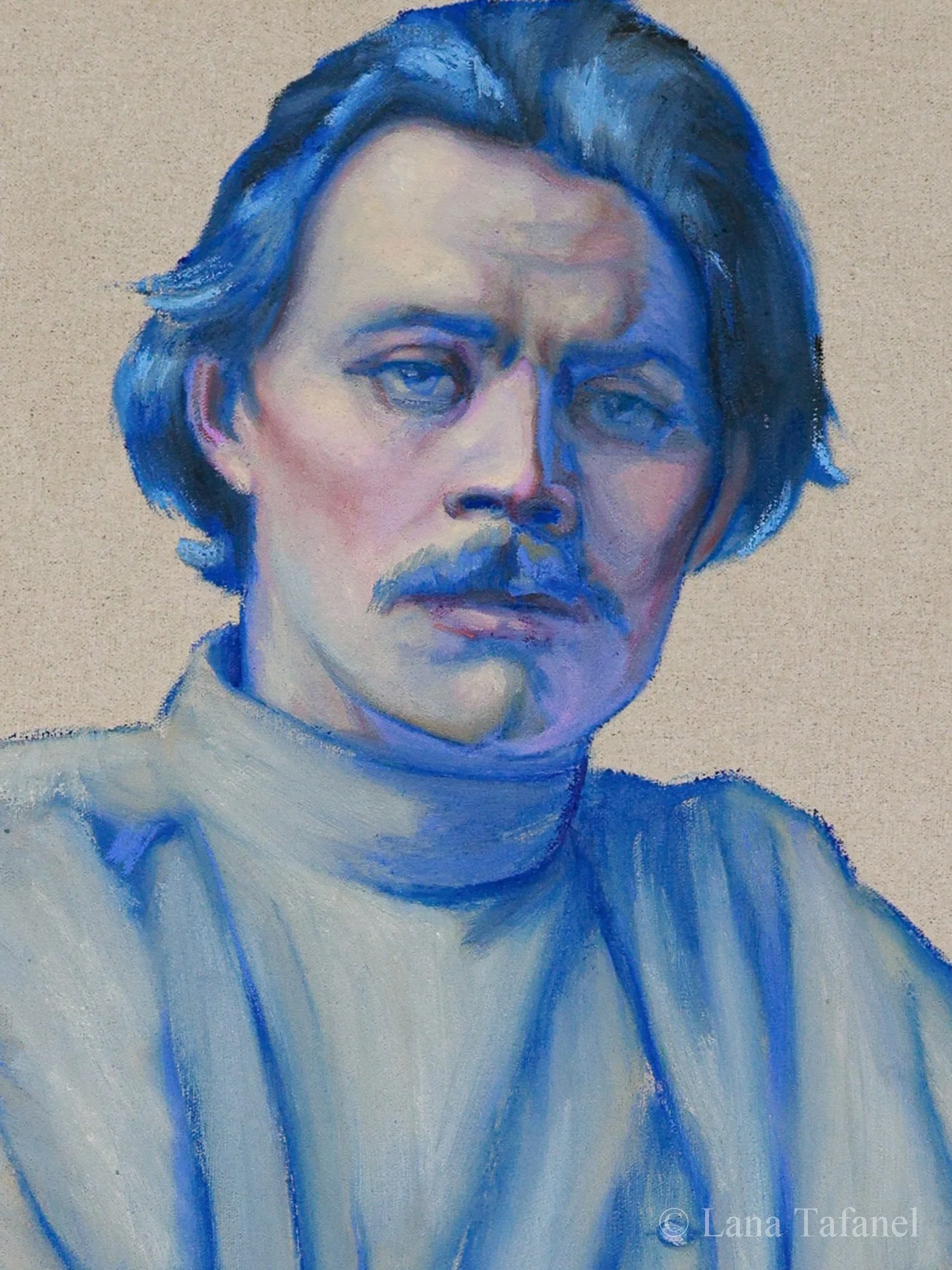 A portrait painting of a man with blue hair and a mustache, wearing a blue shirt. Maksim Gorky