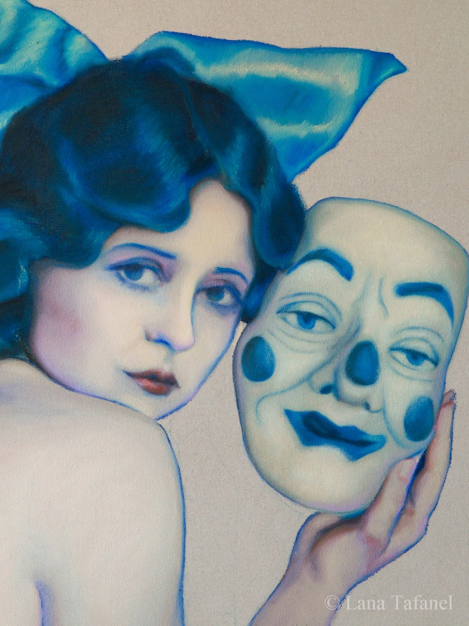 Artistic painting of a woman’s face with dark hair, soft features, and a neutral expression, partly obscured by a stylized, blue mask outline beside her