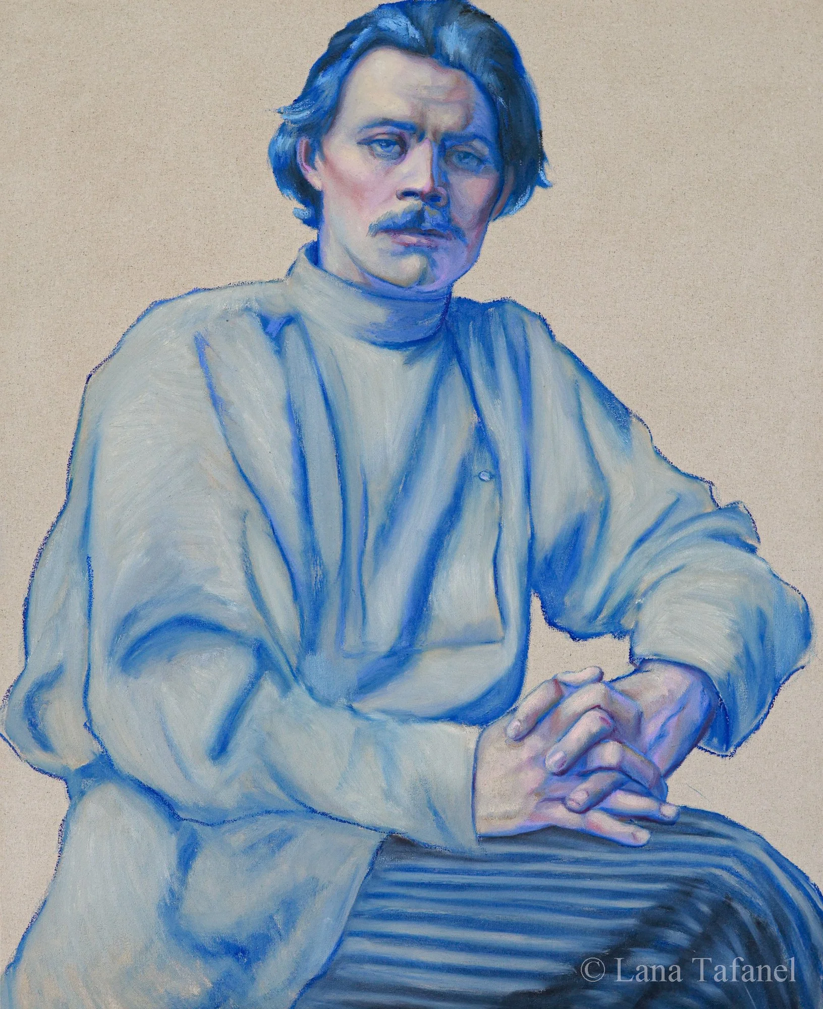 A painting of a man with blue hair, blue eyes, and a mustache, dressed in a beige shirt with a high collar, sitting with folded hands on a table, against a neutral background. Maksim Gorky