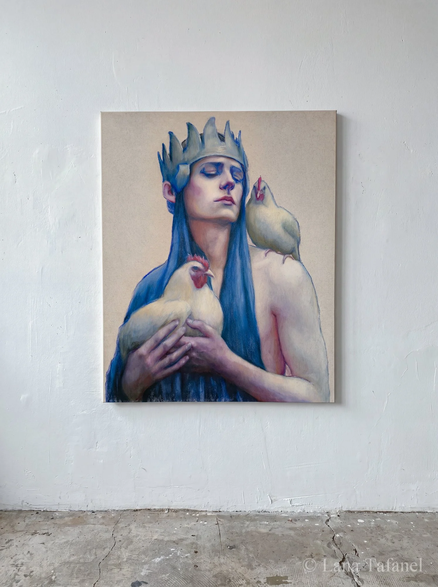 A painting of a man with long blue hair and a crown, holding a chicken close to her chest, with another chicken perched on his shoulder, set against a beige background.