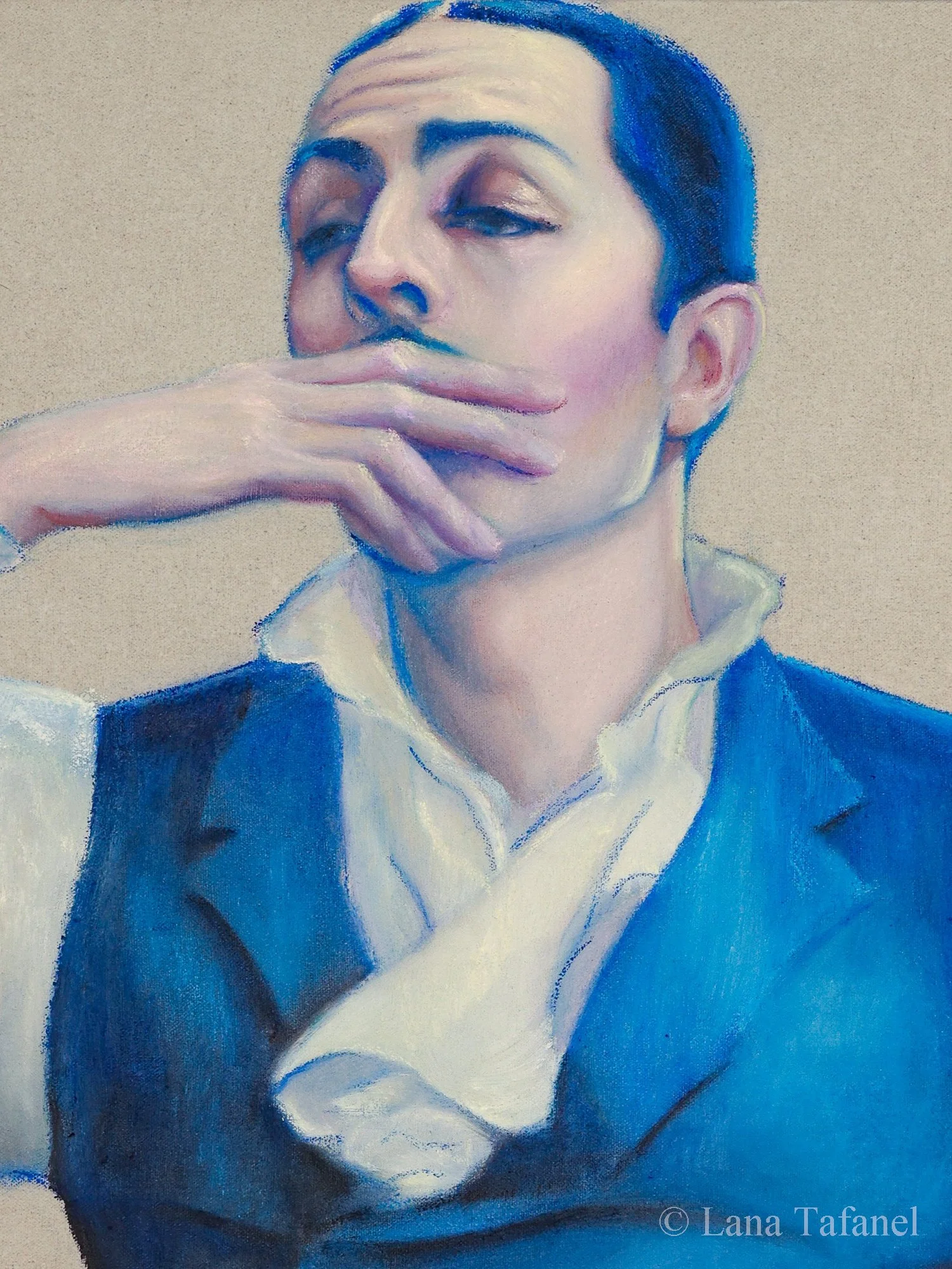 A portrait of a person with blue hair, closed eyes, and a contemplative expression, resting their chin on their hand. The person is wearing a blue and white shirt, rendered in a painterly style with visible brushstrokes and a soft, textured backgroun