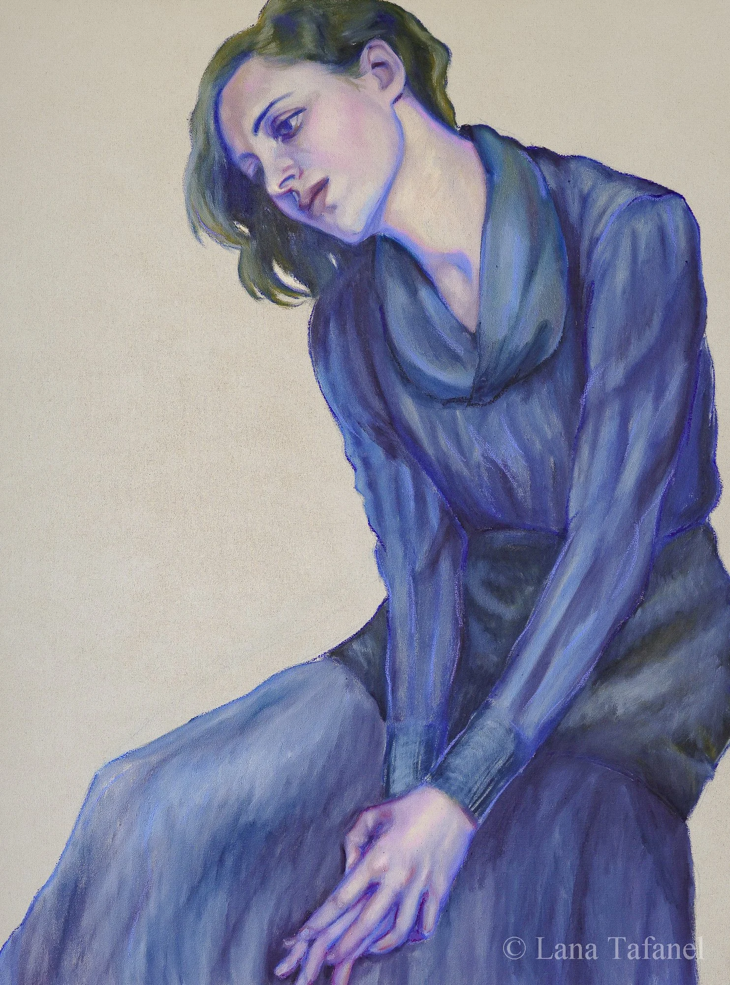 Painting of a woman with short, wavy brown hair looking downwards. She is wearing a blue dress and has a contemplative expression. Her arms are crossed in front. The background is plain linen, light-colored.
