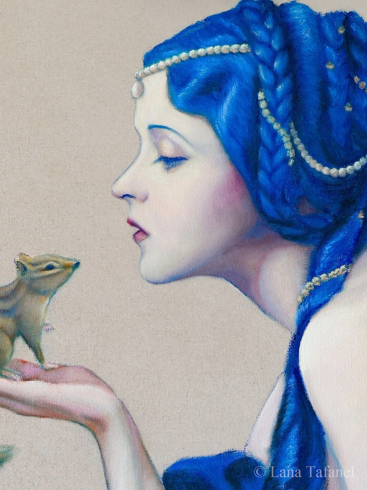 A painting of a woman with closed eyes and long blue hair decorated with pearls, holding a chipmunk. contemporary portrait