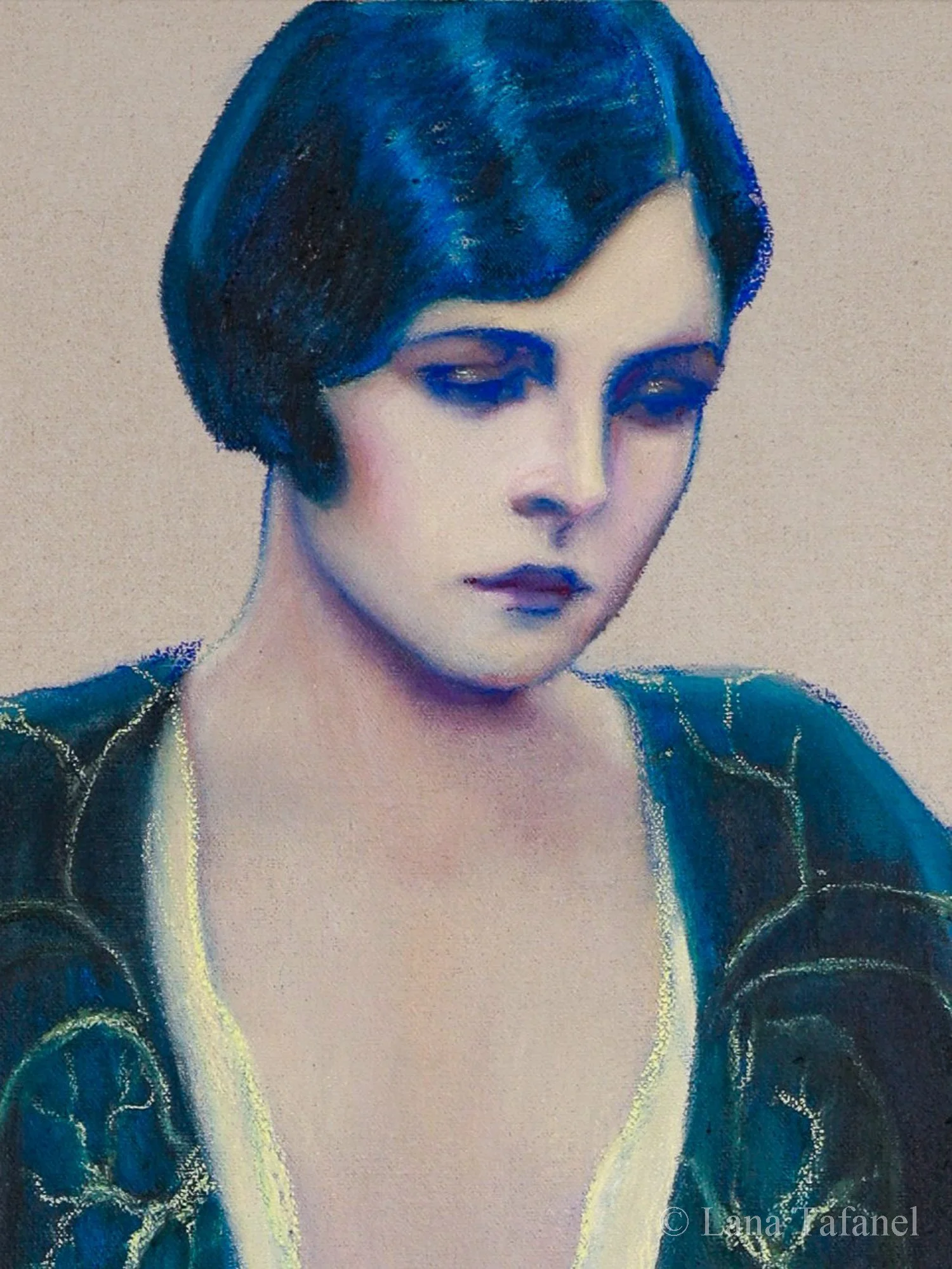 A portrait of a woman with short blue hair, wearing a dark jacket with yellow edges, set against a plain background.