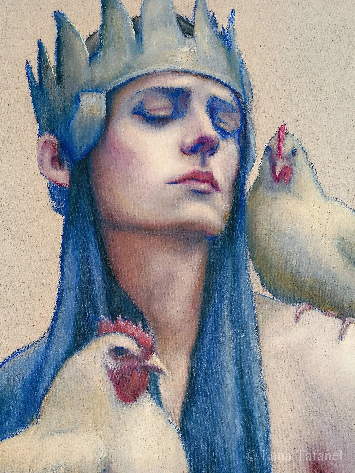 A painting of a man with blue hair wearing a crown, with closed eyes and a serene expression, holding a chicken