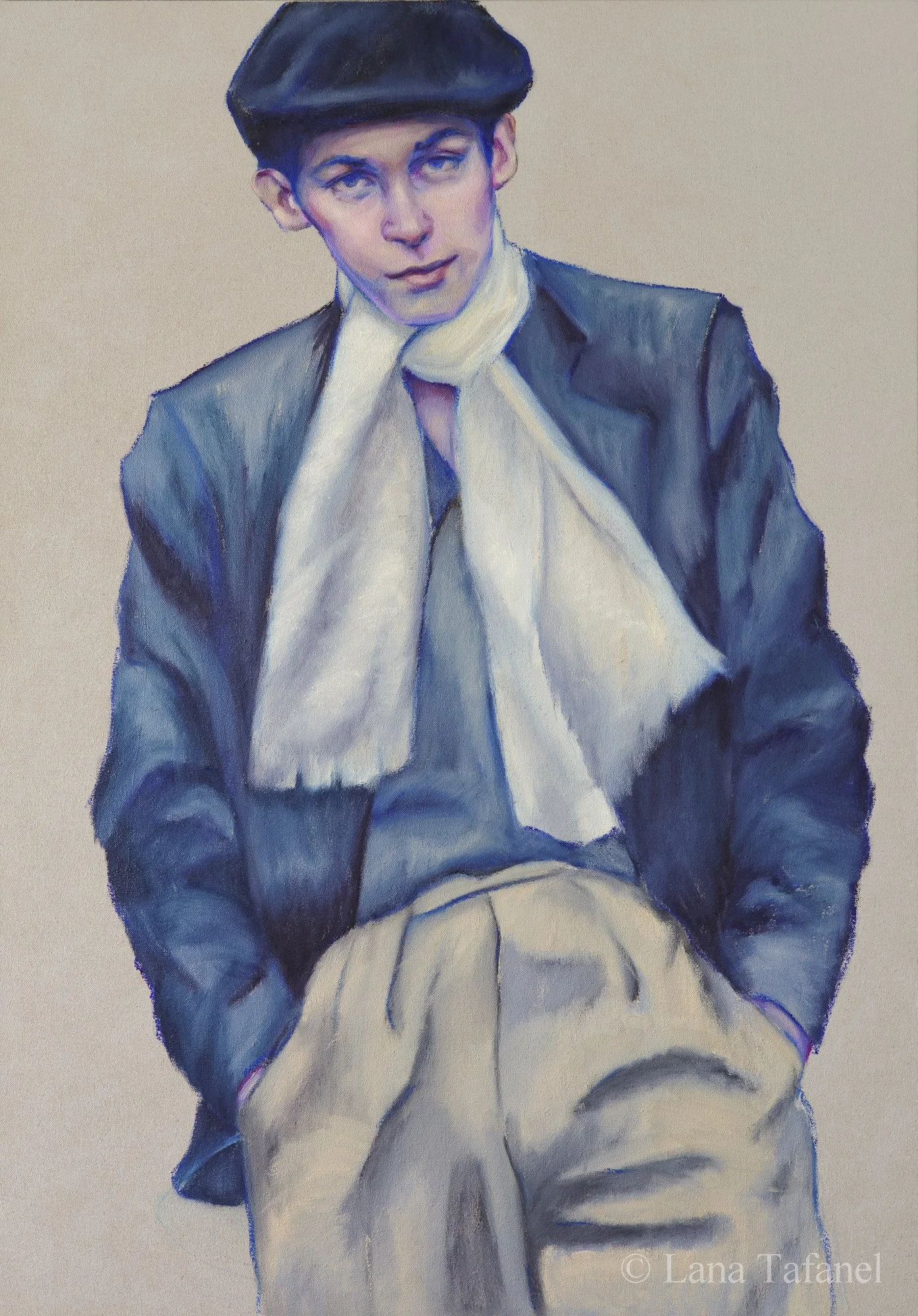 A oil on linen portrait of Glenn Gould a young man wearing a dark blue cap, a white scarf, a blue jacket, and light-colored pants, standing and gazing slightly upward.