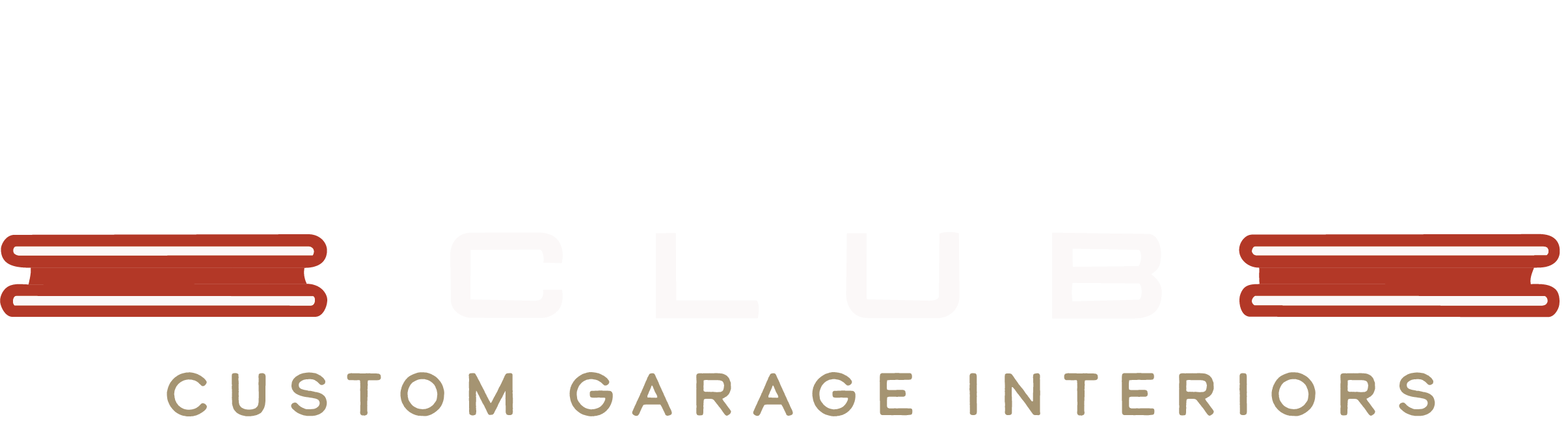 Logo of Garage Club featuring bold white text, stylized red garage doors, and the tagline 'Custom Garage Interiors' in beige.