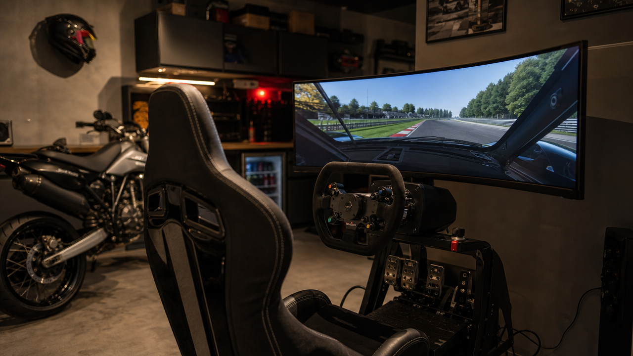 Klimatyczny Man Cave w garażu z klasycznym Porsche, zabudową warsztatową i strefą wypoczynkową.