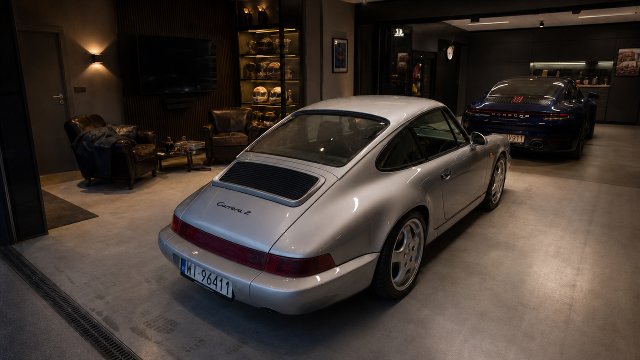 Garaż premium z Porsche 911, strefą wypoczynkową, ekspozycją kasków i przestrzenią zaprojektowaną wokół samochodów.