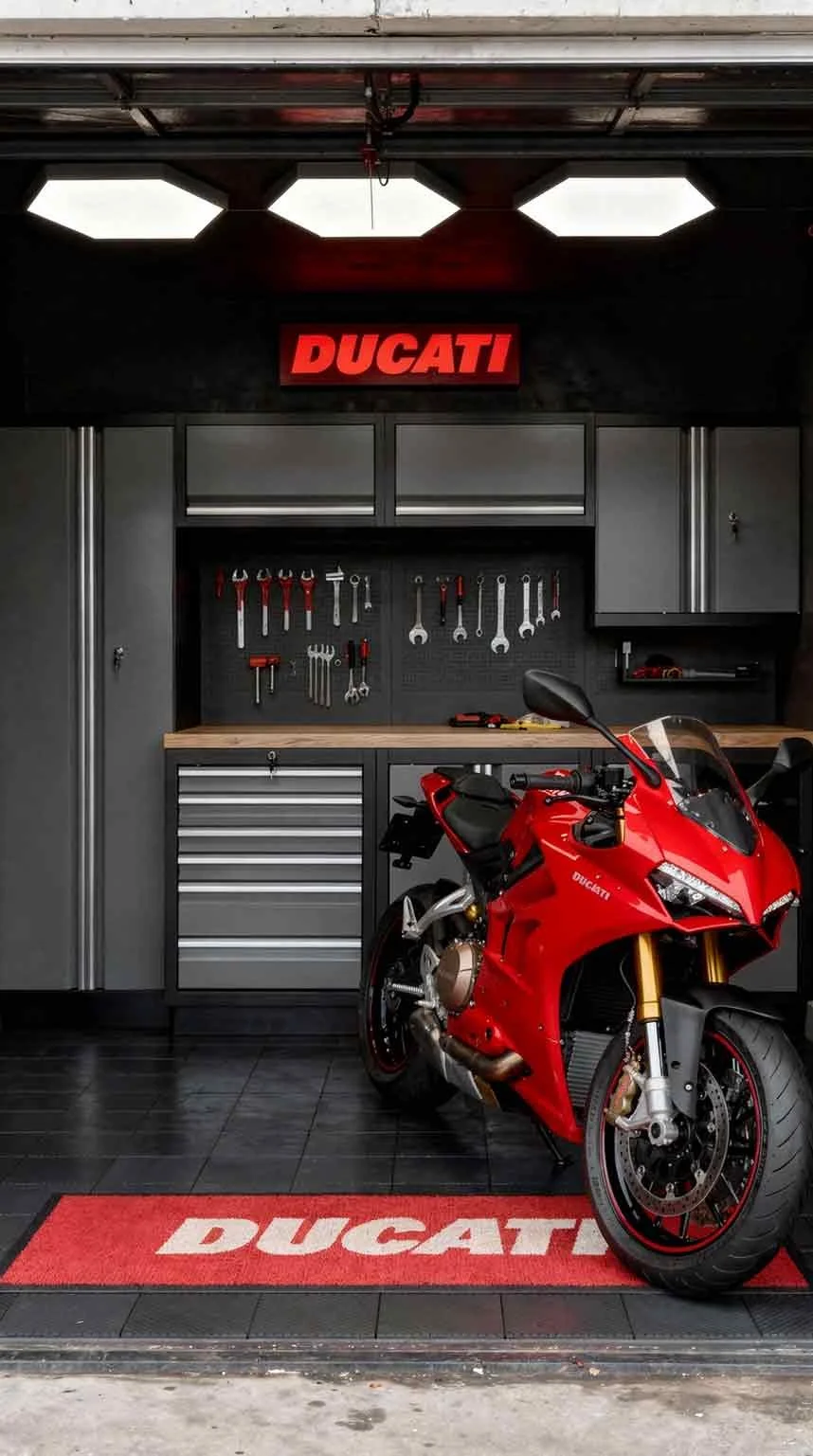 A red Ducati motorcycle parked inside a garage with a red Ducati sign. The garage has gray cabinets, a wooden workbench, and tools hanging on a black pegboard. A red Ducati doormat is on the floor in front of the motorcycle.