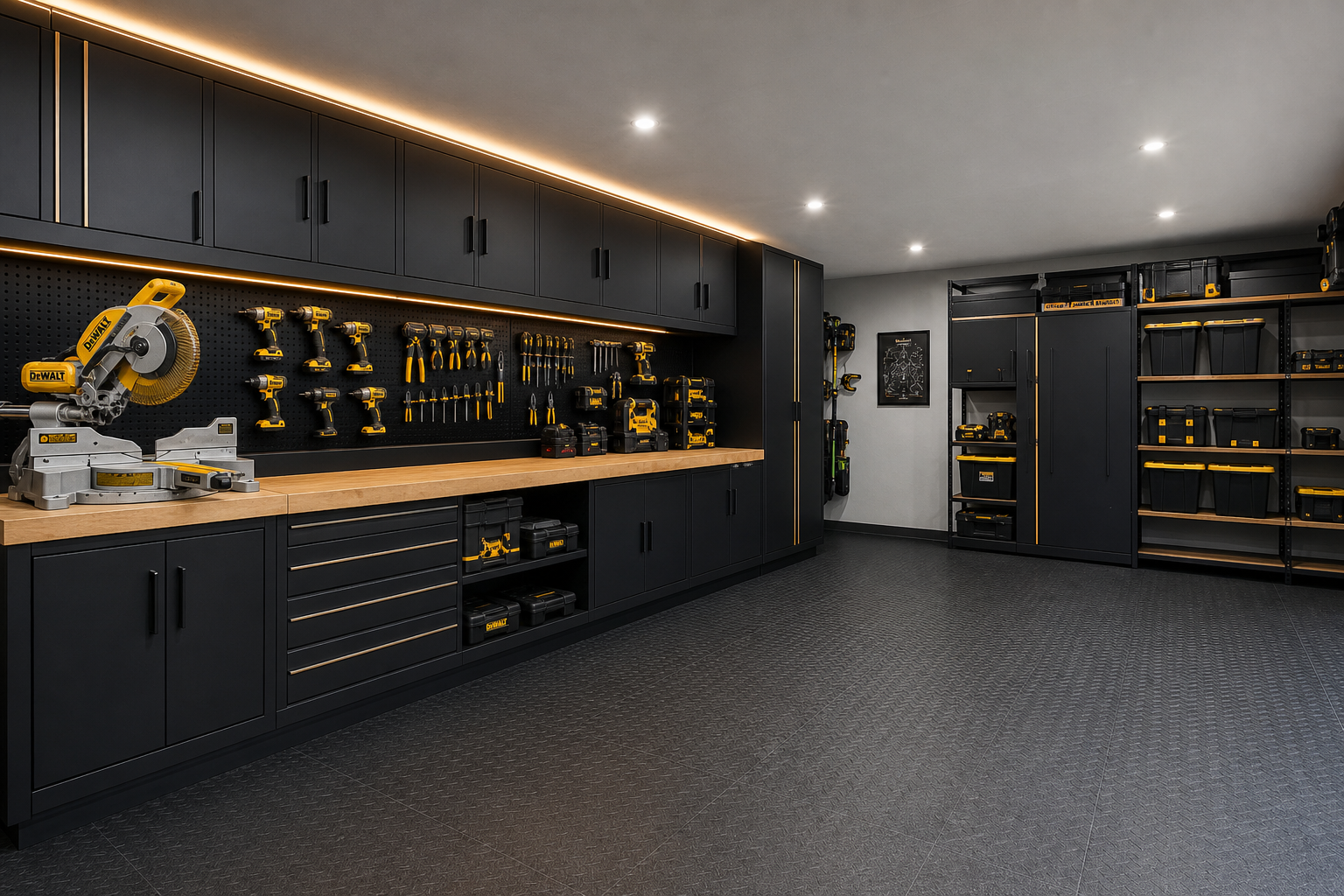 A modern, organized garage workshop with black cabinets, a pegboard with tools, a chop saw, and storage shelves with toolboxes.