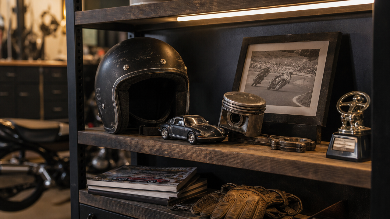 Ekspozycja motoryzacyjnych pamiątek w Man Cave – klasyczny kask, model samochodu, tłok, fotografia z toru i trofeum.