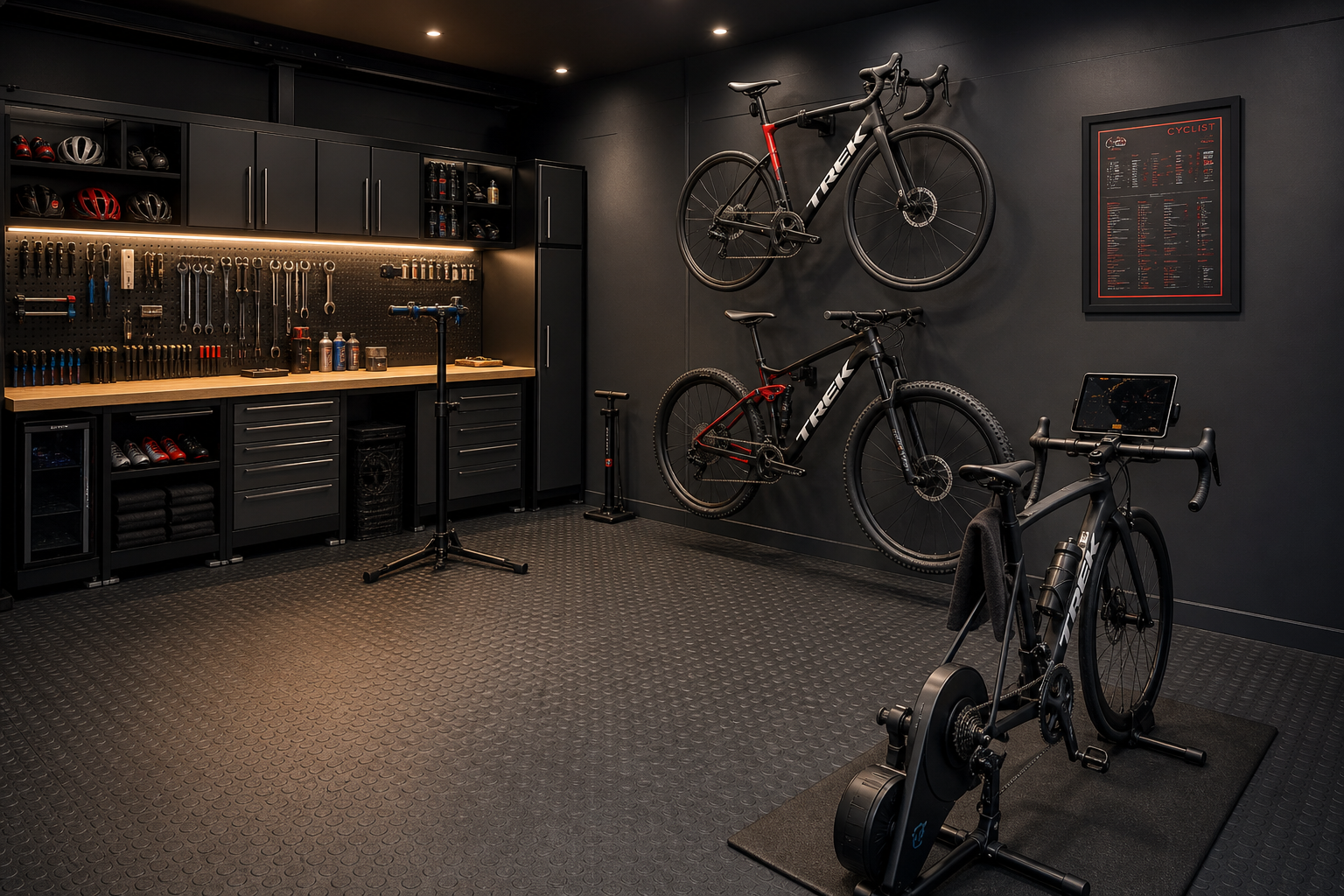 A modern bike workshop with black cabinets, bikes on the wall, and exercise equipment.