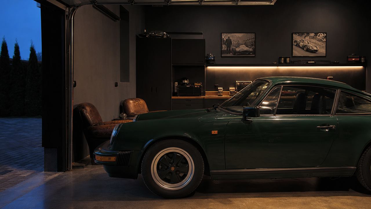Klimatyczny Man Cave w garażu z klasycznym Porsche, zabudową warsztatową i strefą wypoczynkową.