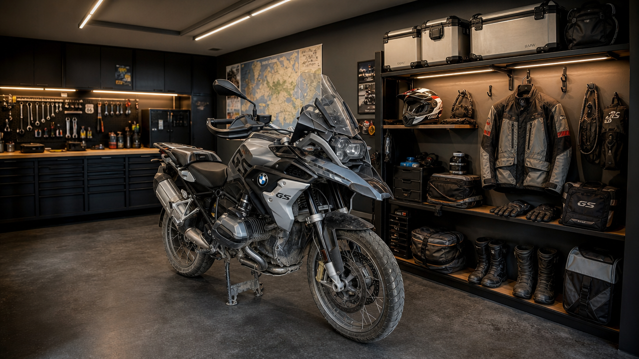 Garaż motocyklowy warto projektować od motocykla, a nie od mebli. Dopiero wokół przestrzeni potrzebnej do jego wygodnej obsługi powinna powstać zabudowa.