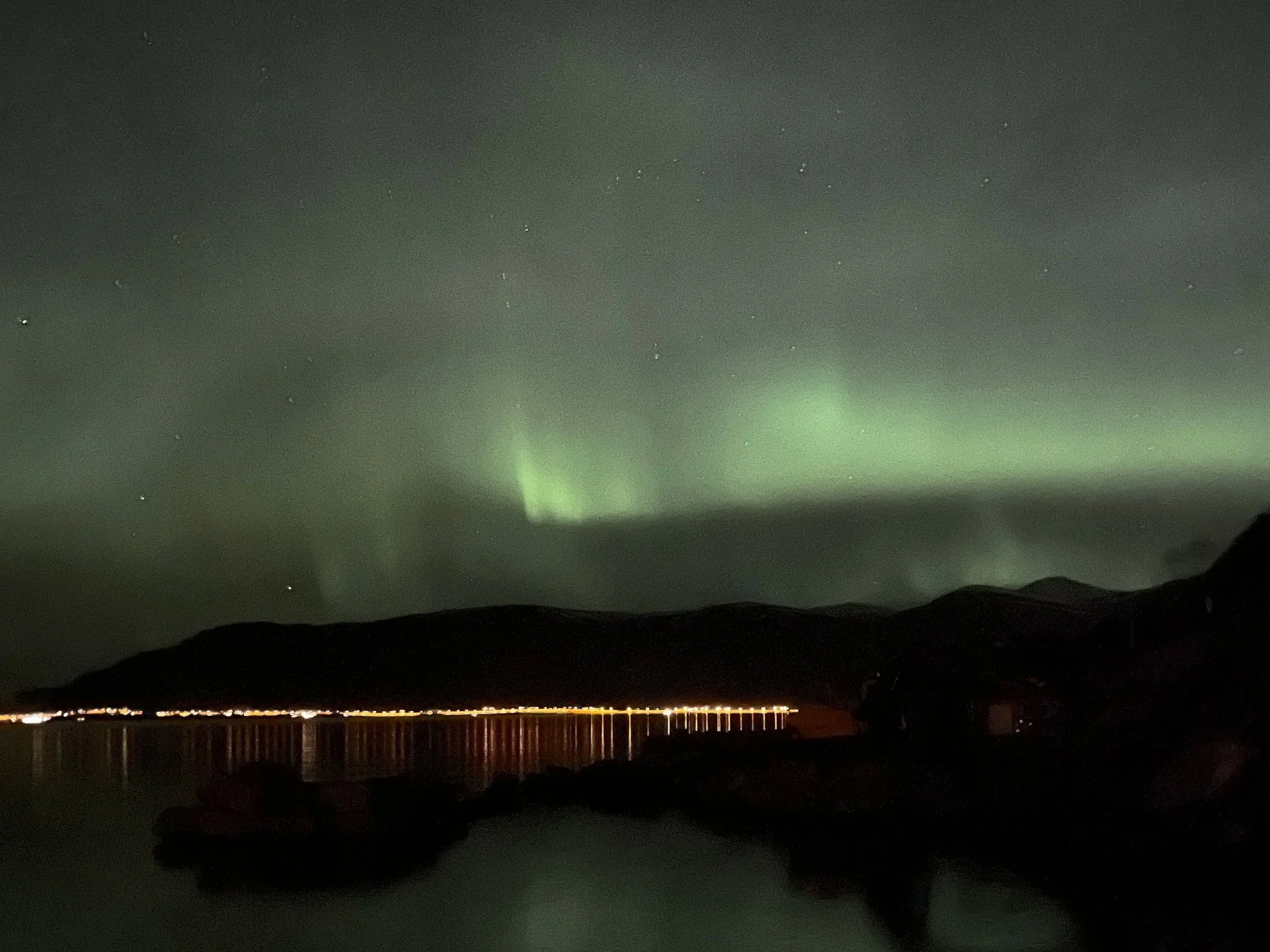 Nighttime scene showing the northern lights (aurora borealis) in green hues over a body of water with a mountain silhouette in the background.