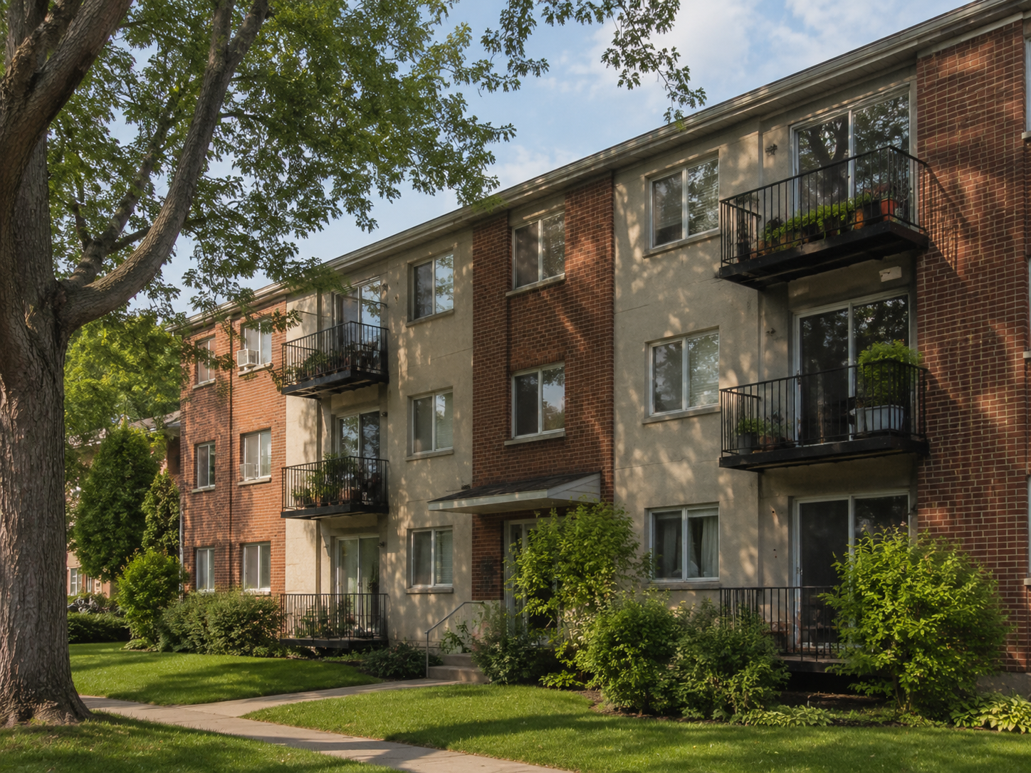 Three-storey brick and stucco apartment building surroudned by mature trees