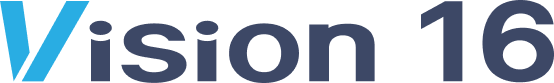 Logo of Vision 16 with the text 'Vision 16' in dark blue and light blue colors.
