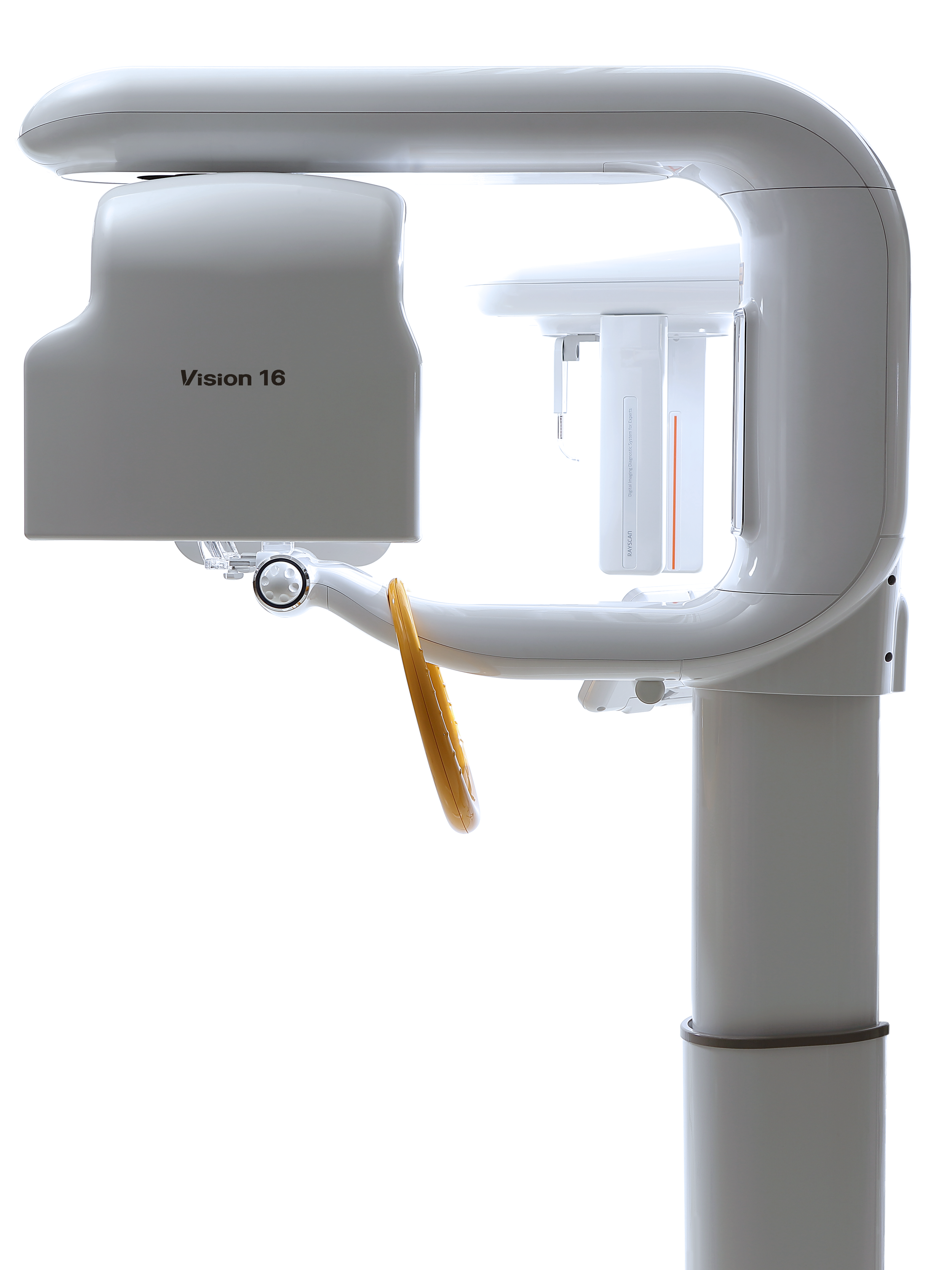 A medical imaging machine labeled 'Vision 16' with a white and gray color scheme, a large circular opening, and a yellow cord hanging down.