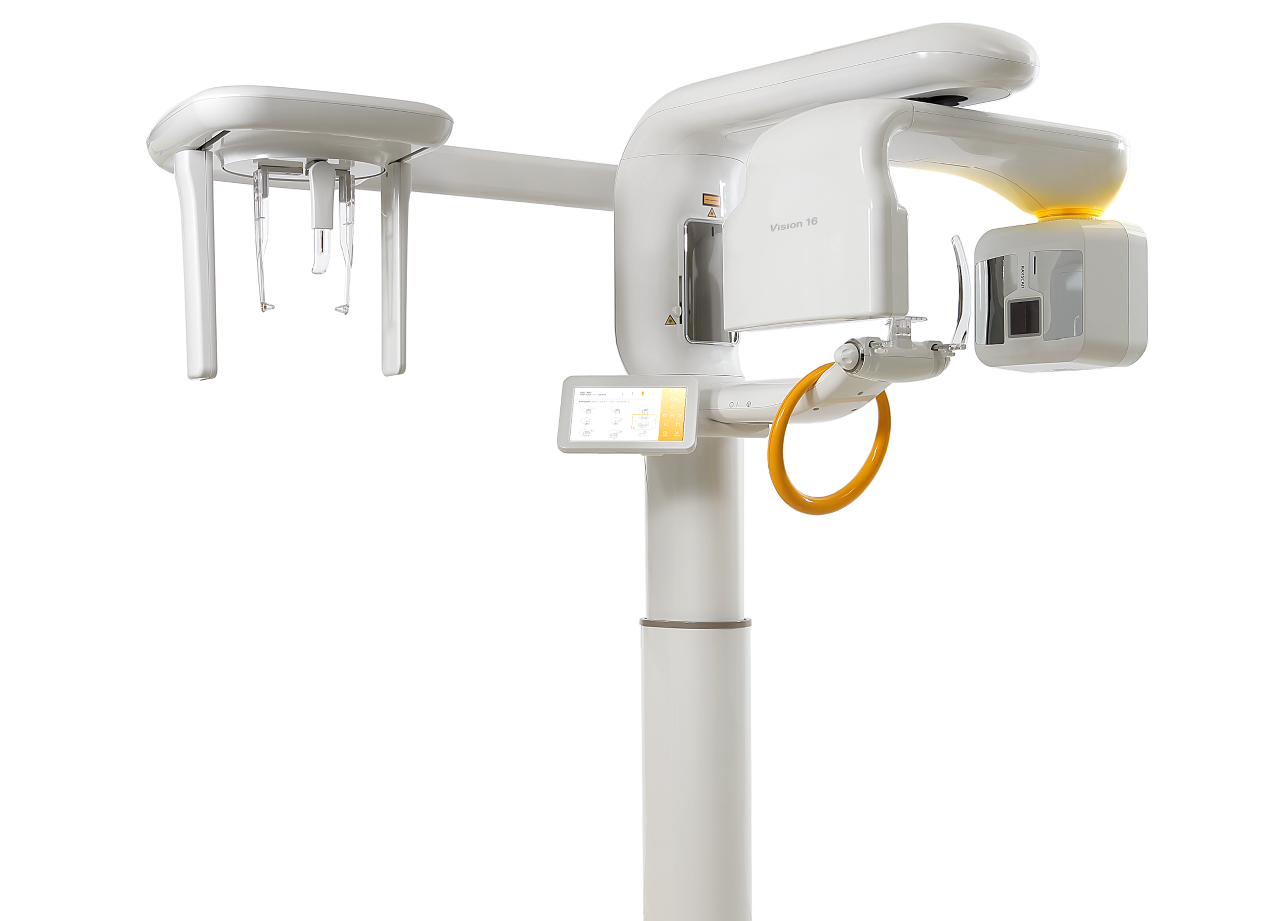 A modern dental panoramic x-ray machine with a white and silver design, featuring a control panel and imaging arm.
