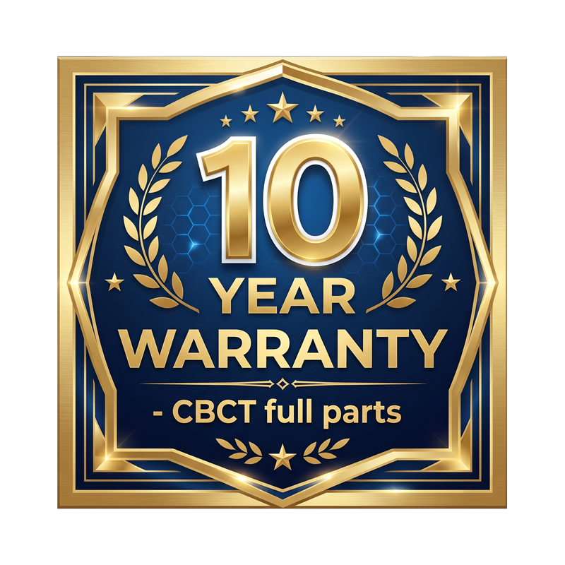A badge with a gold and blue design stating "10 Year Warranty - CBCT full parts" with stars and laurel wreaths.