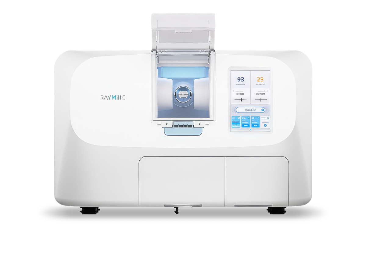 Medical imaging machine with a central circular scanner, digital display, and a control panel, labeled RAYMIIIC.