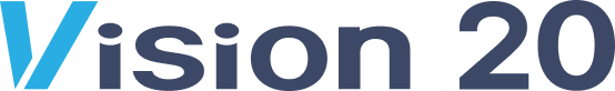 The logo for 'Vision 20,' featuring the word 'Vision' in bold black letters and '20' in a darker blue, with a blue checkmark as part of the 'V' at the beginning.