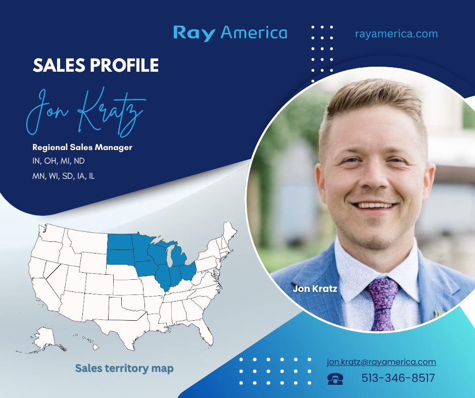 A sales profile business card for Jon Kratz, Regional Sales Manager at Ray America. It features his photo, contact information, a sales territory map highlighting several Midwest and Great Lakes states, and the Ray America logo.