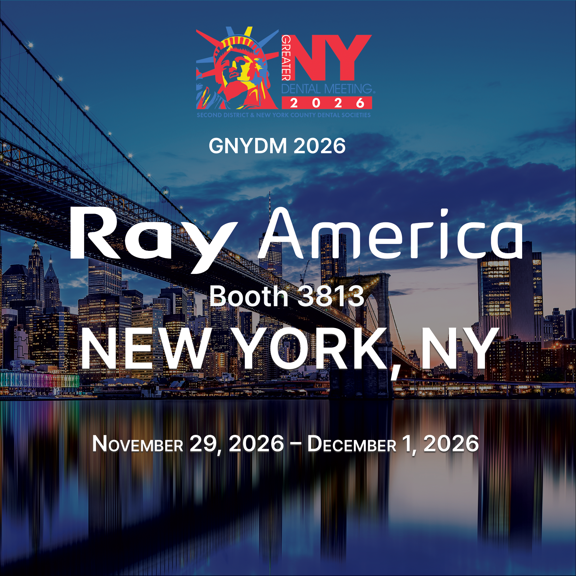 Nighttime cityscape of New York City with Brooklyn Bridge over water, illuminated skyscrapers, and a partly cloudy sky for Ray America event from November 29th to December 1st, 2026.
