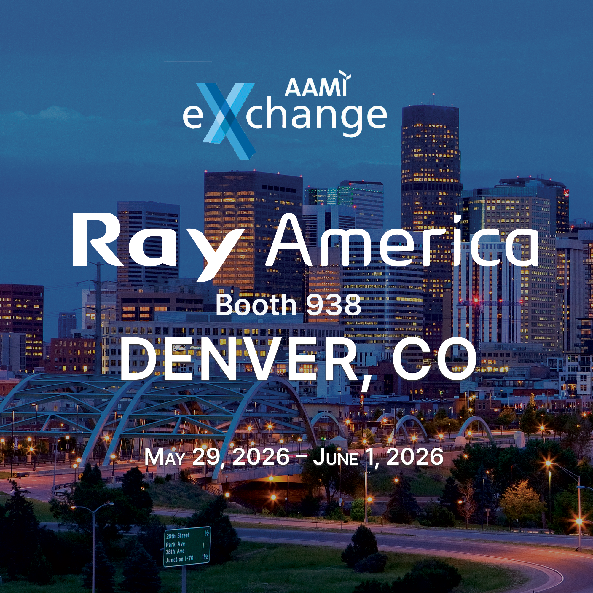 Night cityscape of Denver, Colorado with illuminated skyscrapers, a prominent arch bridge structure in the foreground, and a sign indicating street names including 20th Street, Park Avenue, 38th Avenue, and Junction I-70. The image promotes the AAMI eXchange event at the Denver convention center from May 29 to June 1, 2026.
