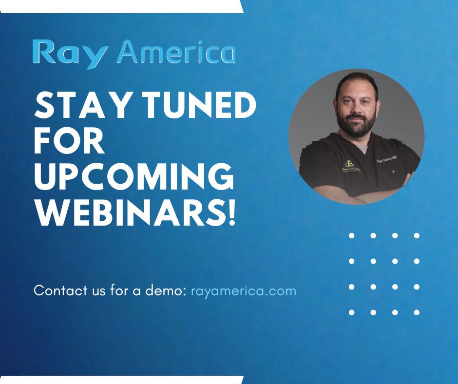 A promotional graphic from Ray America with a blue background, featuring a photo of a man with a beard and dark hair, wearing a black shirt, on the right side inside a circular frame. The text on the graphic says: "Ray America, Stay tuned for upcoming webinars!" and provides a website link, rayamerica.com, for a demo.