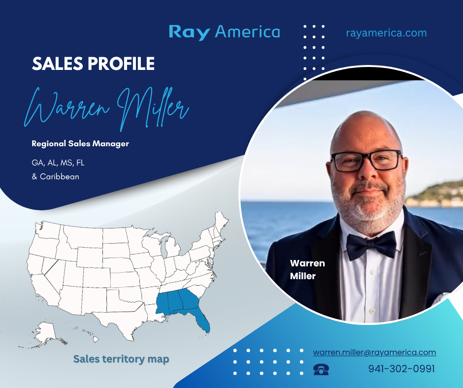 Sales profile for Warren Miller, Regional Sales Manager at Ray America, featuring a map highlighting Georgia, Alabama, Mississippi, Florida, and the Caribbean as sales territories, with Warren Miller's photo, contact information, and company branding.