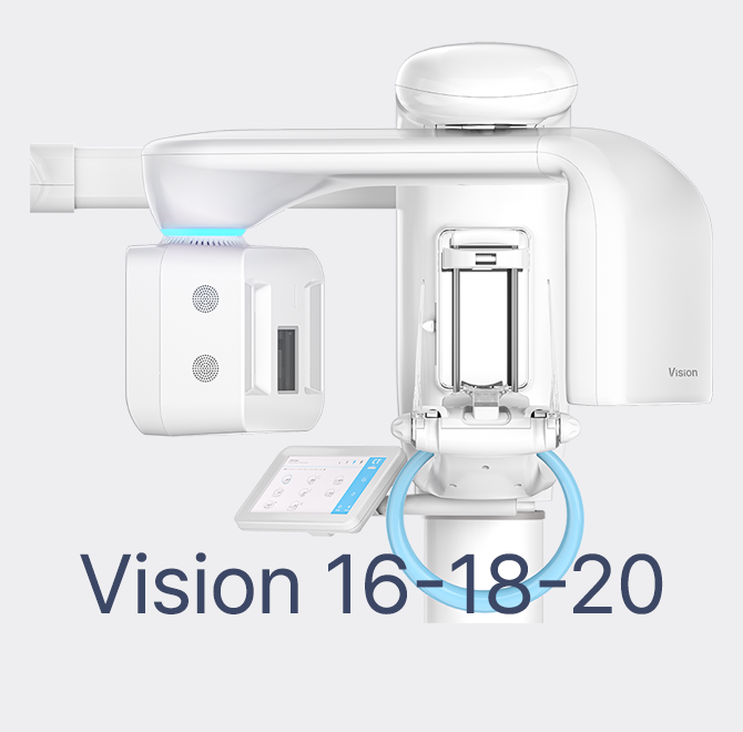 Medical imaging device labeled 'Vision 16-18-20' with a digital control panel and blue tubing in a clinical setting.