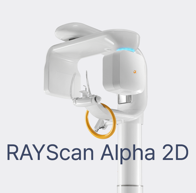 Medical imaging device labeled 'RAYScan Alpha 2D' with a sleek white design and a blue indicator light, used for radiography.