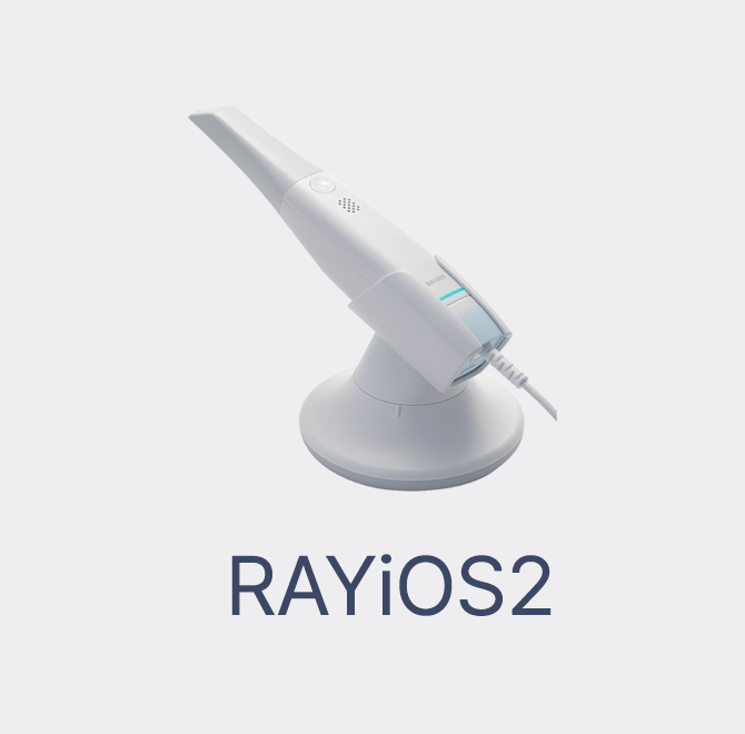 Medical device called RAYiOS2 with a sleek white design, mounted on a round base, connected by a cable.