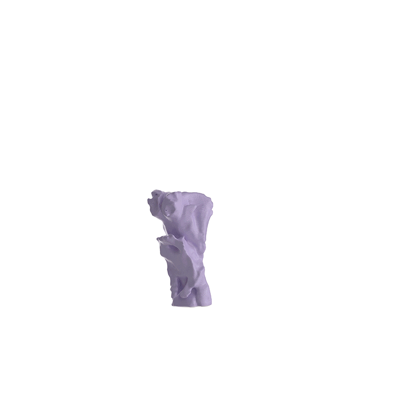 A close-up of a lavender-colored abstract sculpture or object on a plain background.