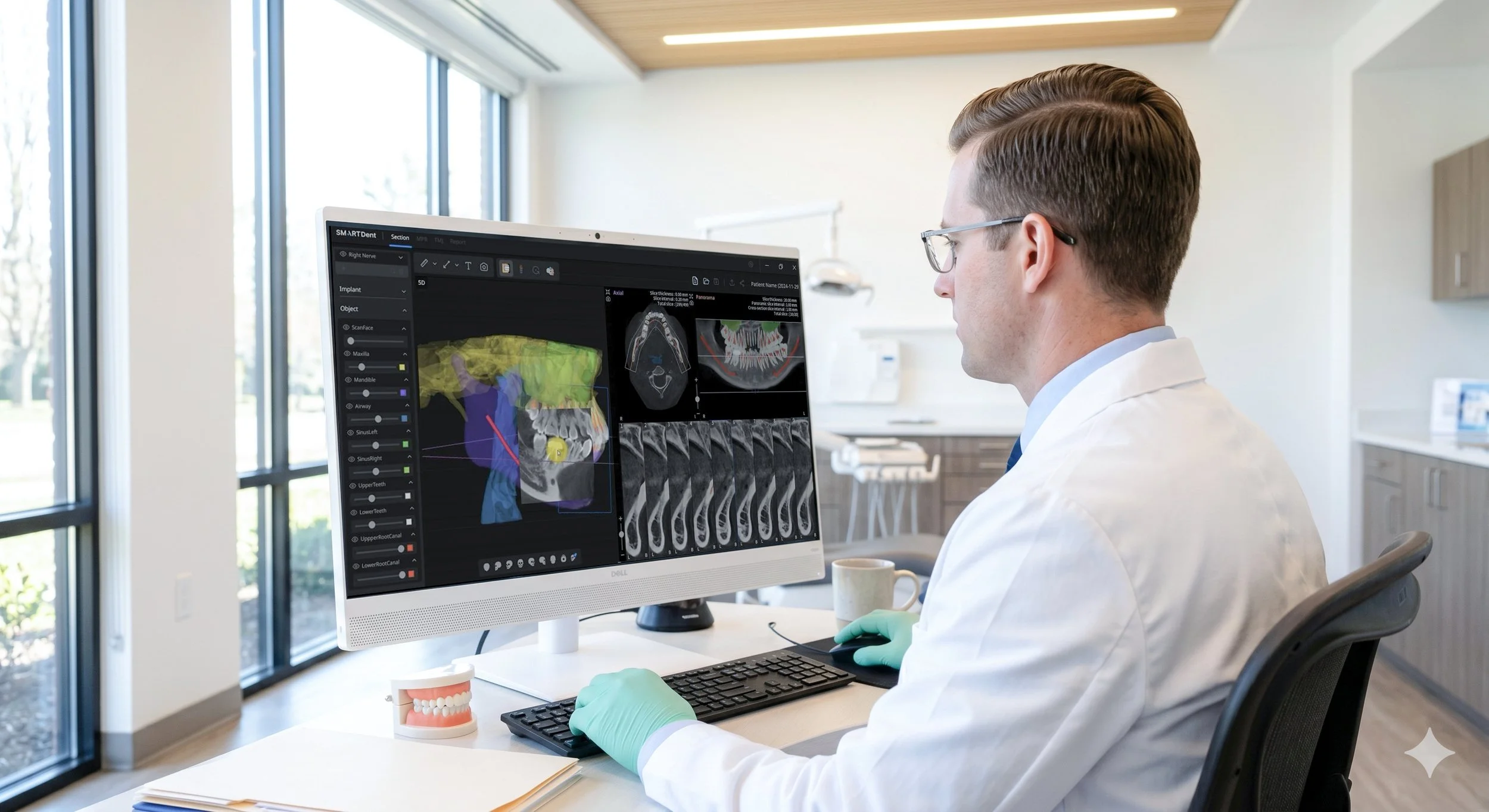 Dentist analyzing a 3D scan of a patient's mouth on a computer in a modern dental office.